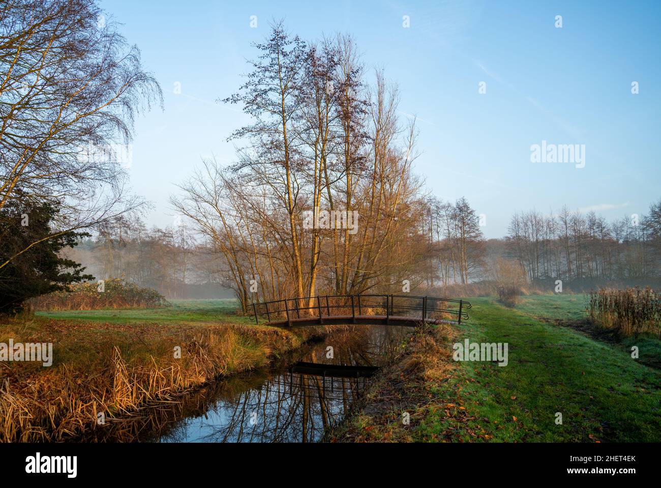 Paesaggio con passerella in una giornata invernale nebbia Foto Stock