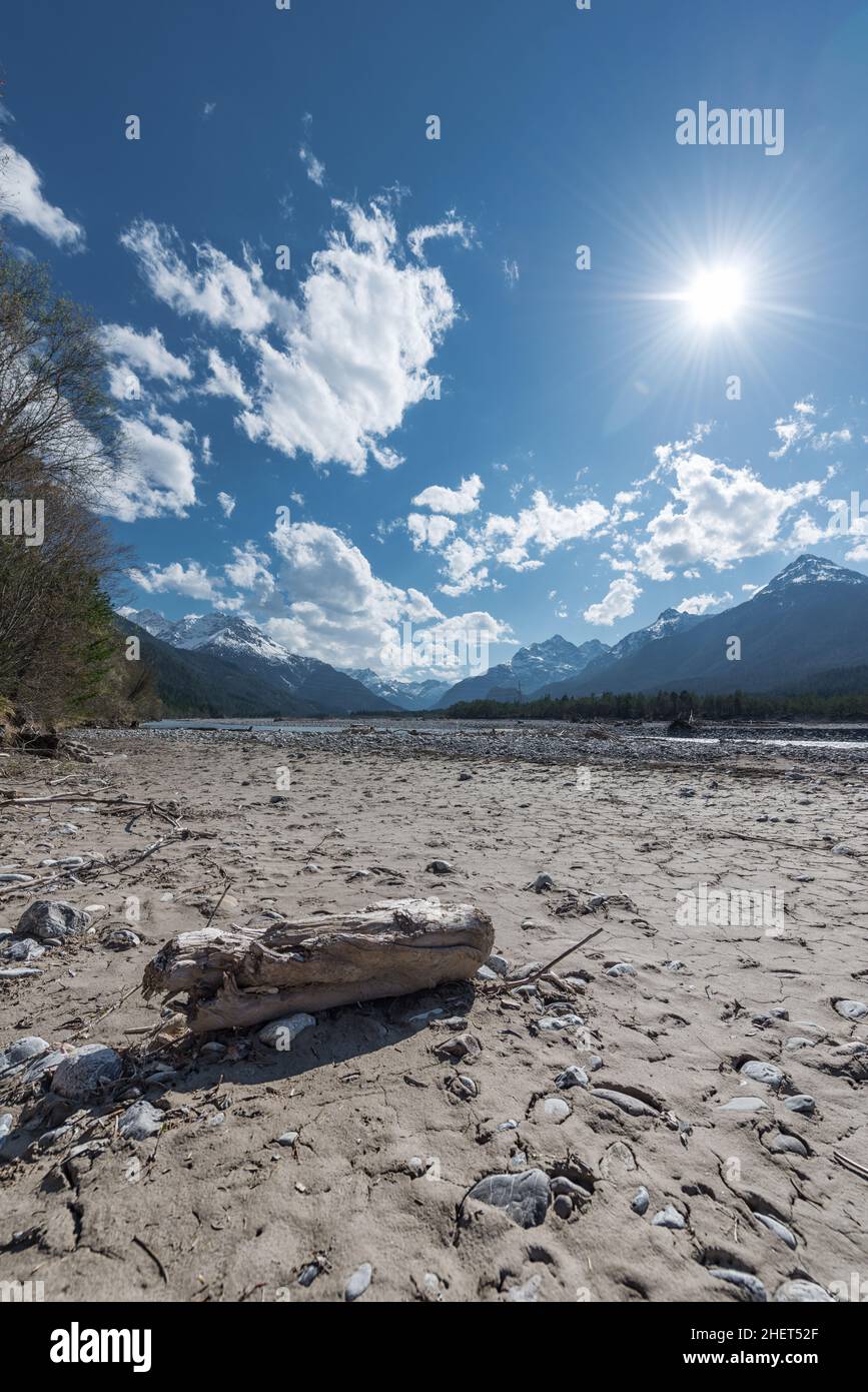 legno asciutto su terreno incrinato con cielo blu e sole Foto Stock
