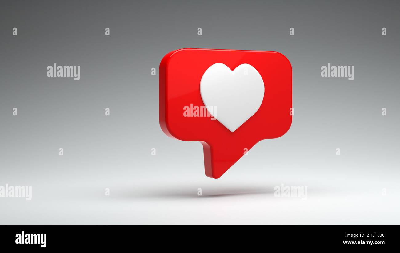 Pulsante rosso simile ai social media che mostra un cuore bianco su uno sfondo grigio senza giunture. Concetto di social media - caccia a piacciono e attenzione. Foto Stock