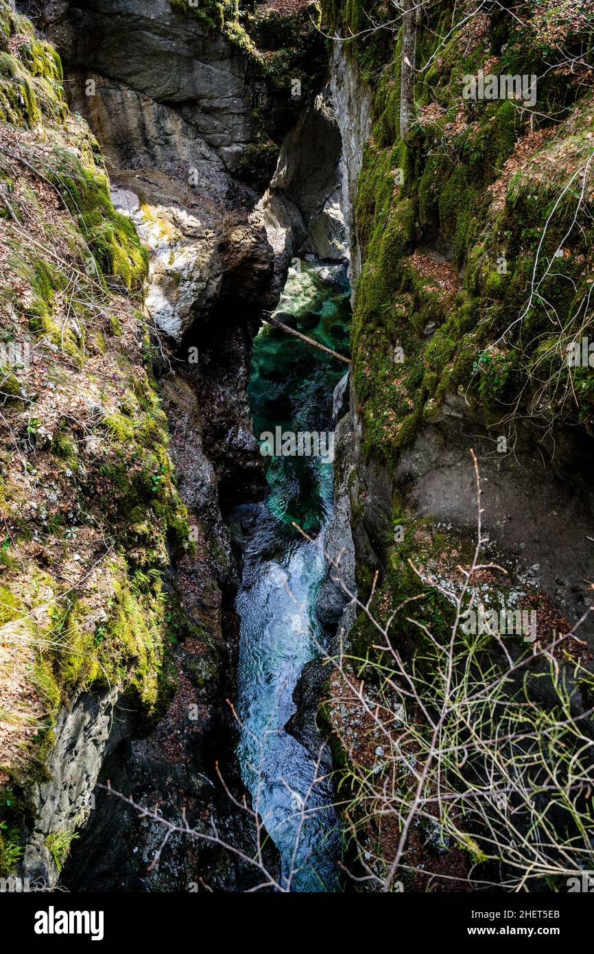 Profondo canyon di Mostnica, fiume veloce nel Parco Nazionale del Triglav (Mostnice Korita), Slovenia nel mese di marzo Foto Stock