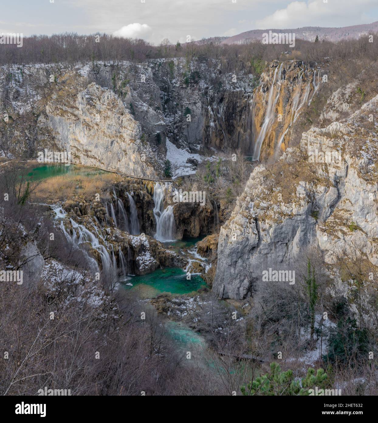 Famoso punto di vista sui laghi di Plitvice, Croazia Foto Stock