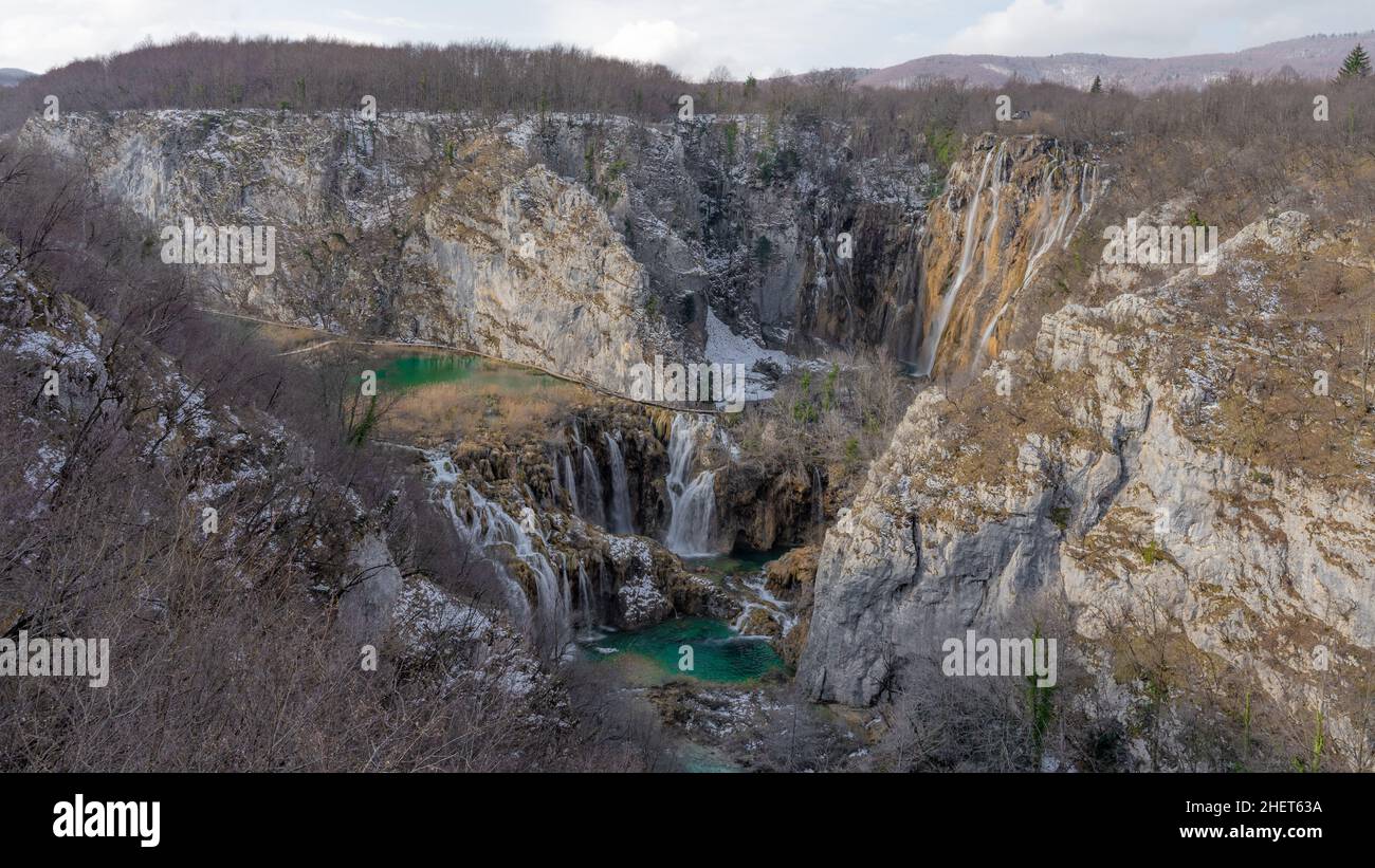 Famoso punto panoramico sui laghi di Plitvice, Croazia Foto Stock