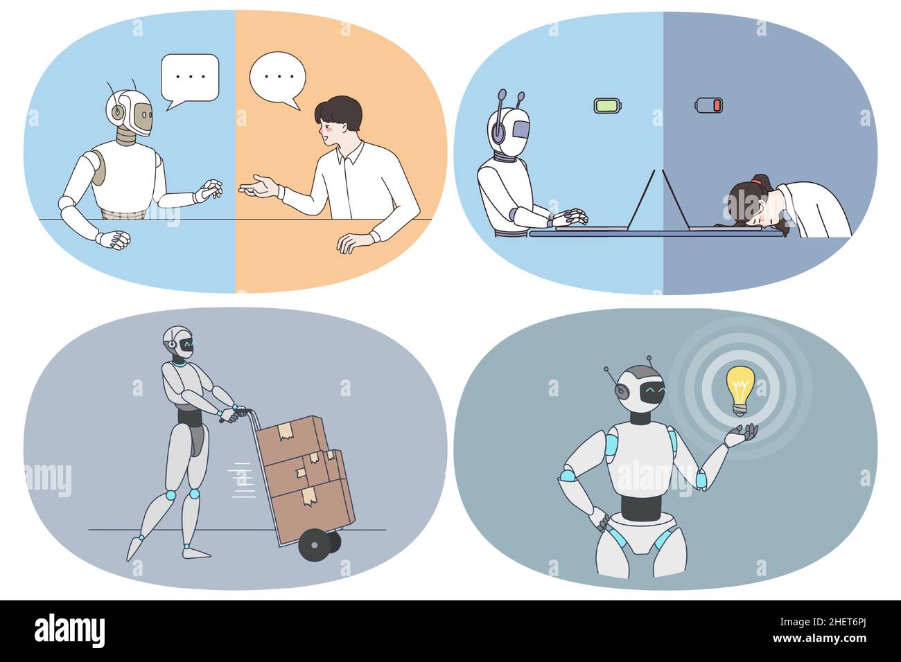 Business con il concetto di intelligenza artificiale. Set di robot che lavorano come esseri umani in attesa di intervista con gli esseri umani che lavorano in ufficio pieno di energia che tiene lampadina avendo grande idea Illustrazione Vettoriale