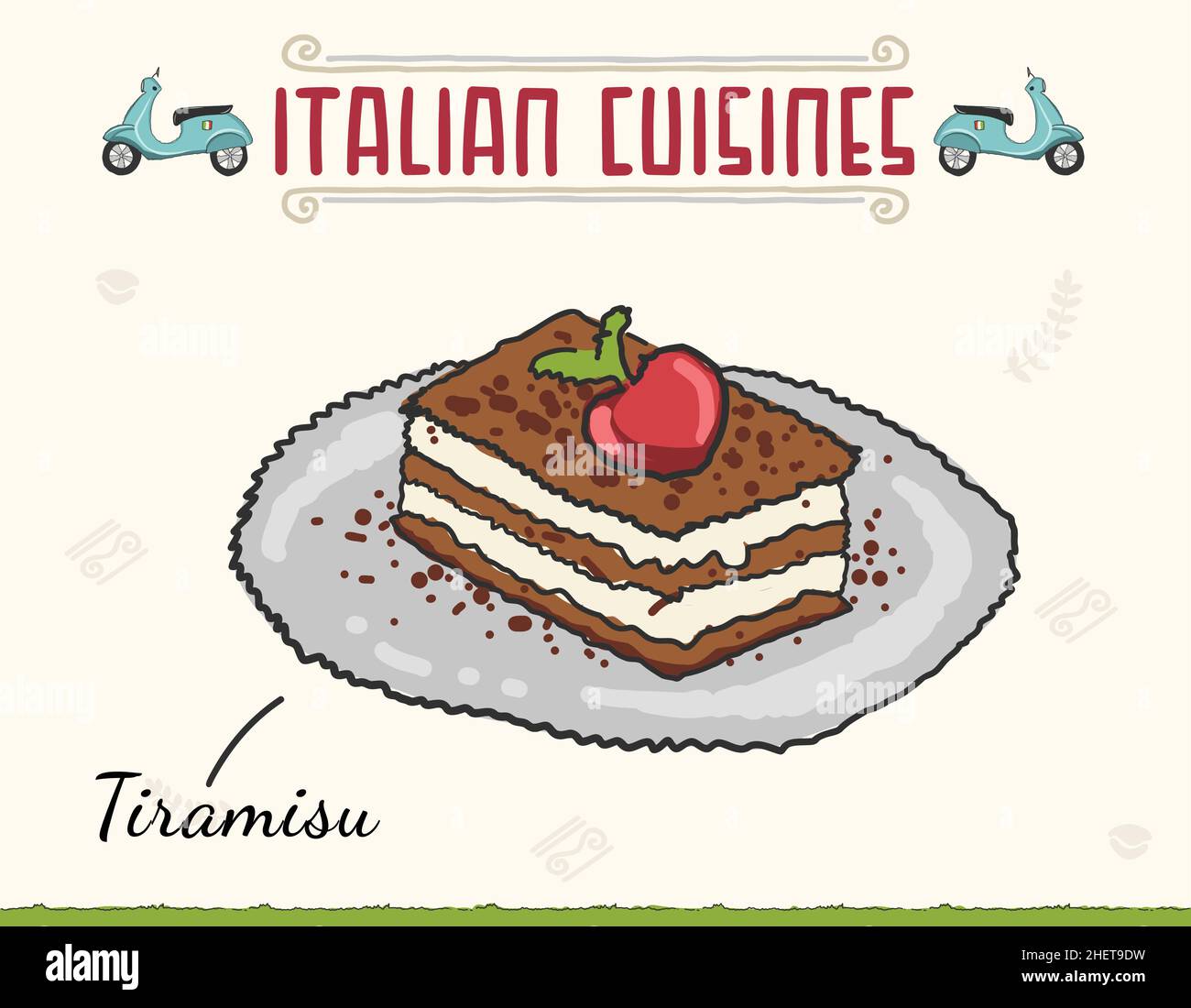 Torta tiramisù Dessert italiano. Illustrazione vettoriale. Torta Tiramisù italiana con ciliegia, panna montata e Vector Illustration Mascarpone Cheese Illustrazione Vettoriale