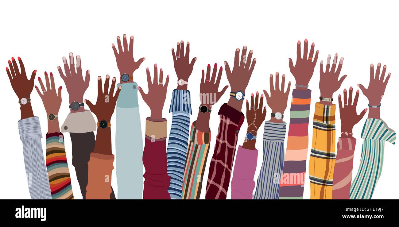 Armi e mani hanno sollevato il gruppo etnico di neri africani e afro-americani uomini e donne. Comunità di gente nera. Concetto di identità - uguaglianza razziale Illustrazione Vettoriale