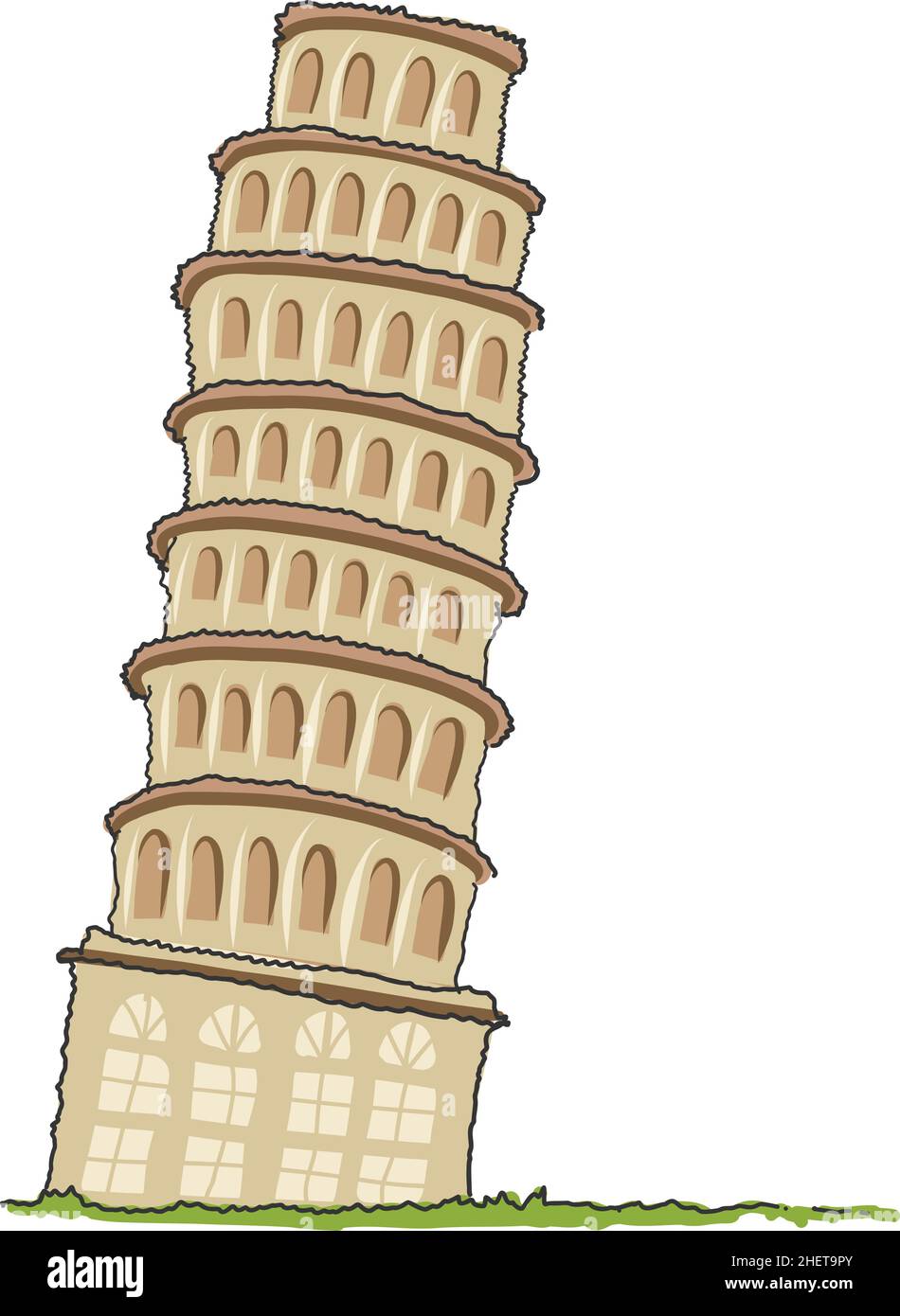 Torre di Pisa in stile barbatella illustrazione vettoriale isolato piccolo paesaggio con Torre Pendente di Pisa, prato verde. Famoso punto di riferimento per l'Italia. Vettore piatto desi Illustrazione Vettoriale