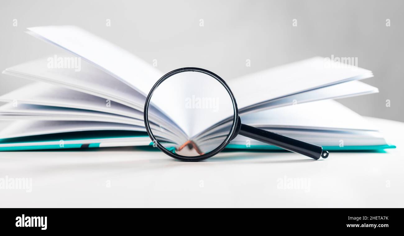 Lente d'ingrandimento sopra libro aperto di affari. Concetto di conoscenza e di ottenere informazioni. Foto Stock