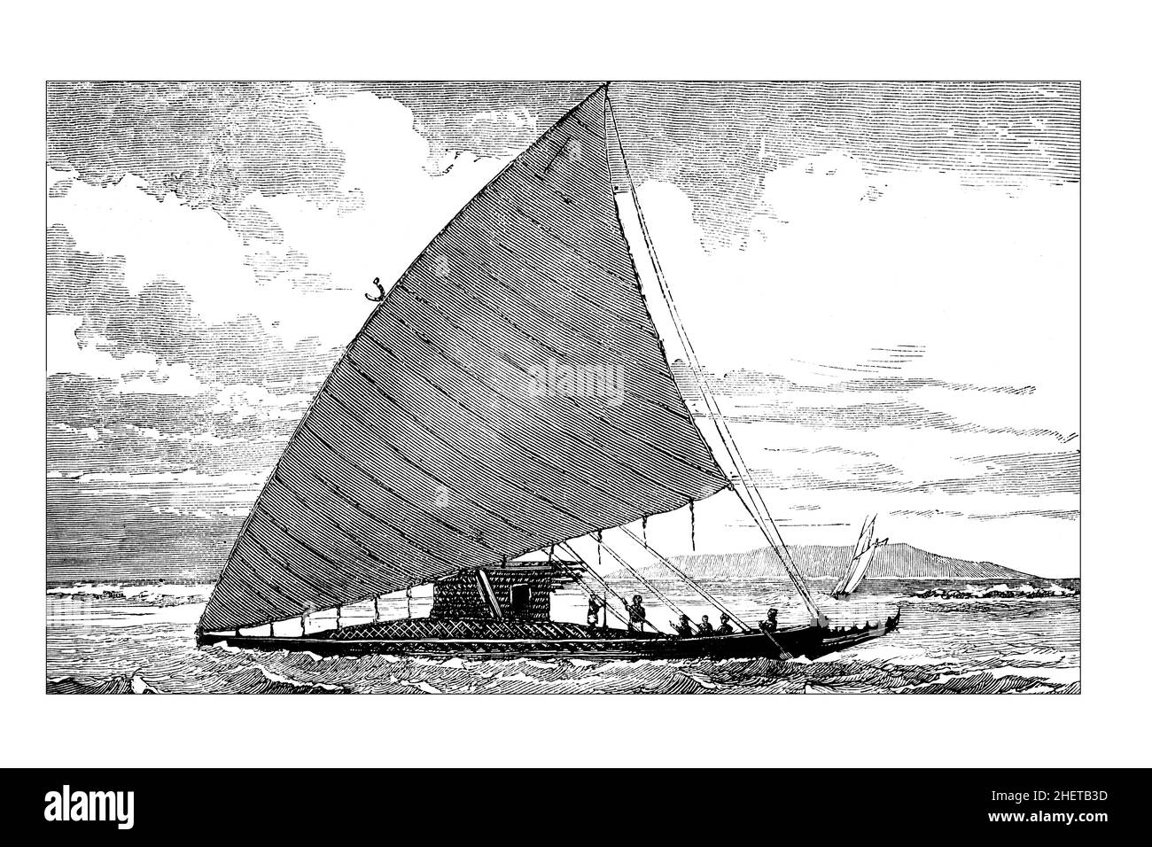 Fijian Camakau interinsulare trading Canoe, line illlustration from Central Africa, Japan and Fiji pubblicato nel 1882 da Hodder & Stoughton, Londra Foto Stock