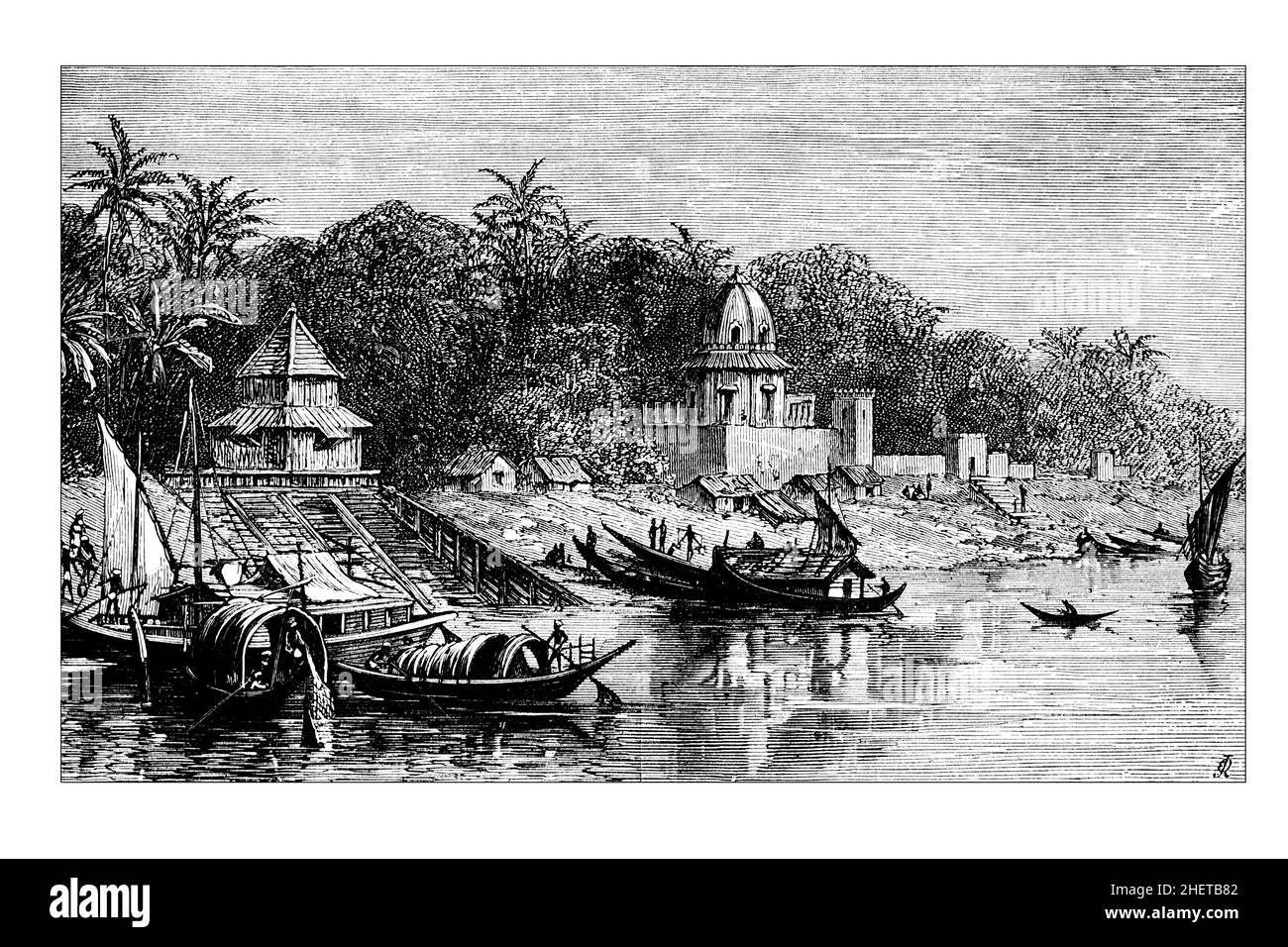 Templi indiani della riva del fiume, 1882 linee di illlustration da come l’India è stata vinta dall’Inghilterra, libro per bambini vittoriani Foto Stock