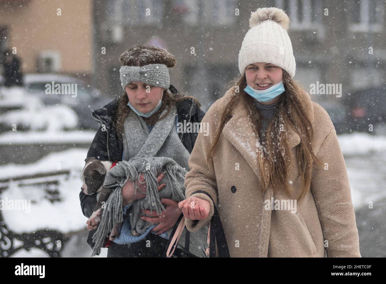 Inverno in Serbia: Due donne con maschera facciale che portano un cucciolo di pitbull nel Parco di Saint Sava, Belgrado Foto Stock