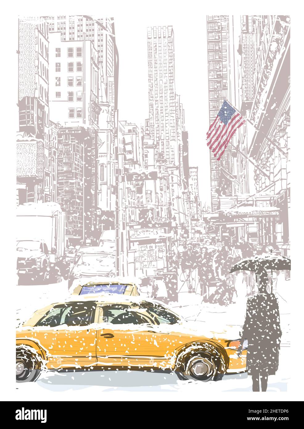 Vista di Manhattan sotto la neve - illustrazione vettoriale (ideale per la stampa su tessuto o carta, poster o carta da parati, decorazione della casa) Illustrazione Vettoriale