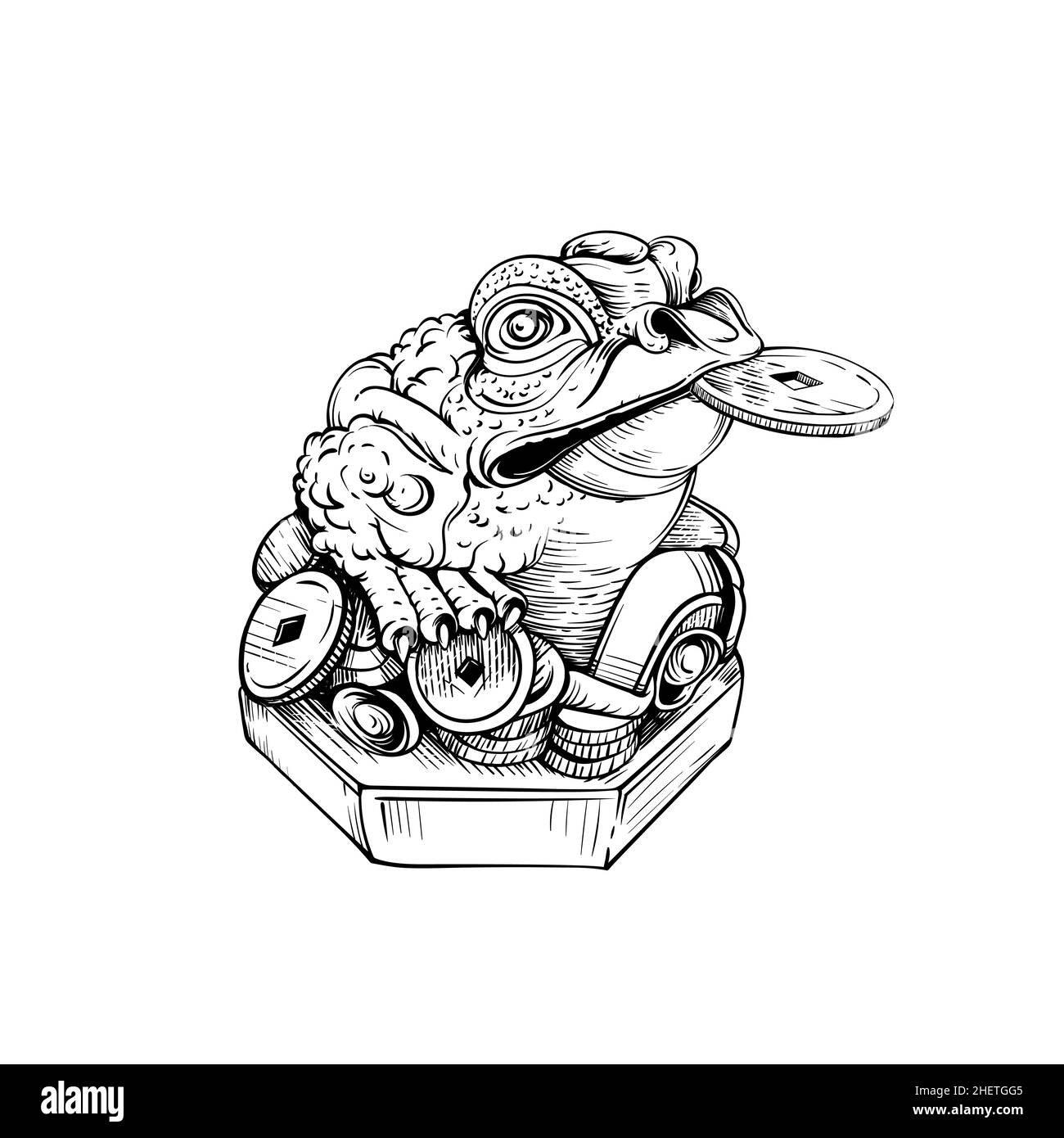 Rana di denaro isolata su bianco, disegno vettoriale. Il rospo a tre zampe è un simbolo di cultureFeng shui cinese. Illustrazione Vettoriale