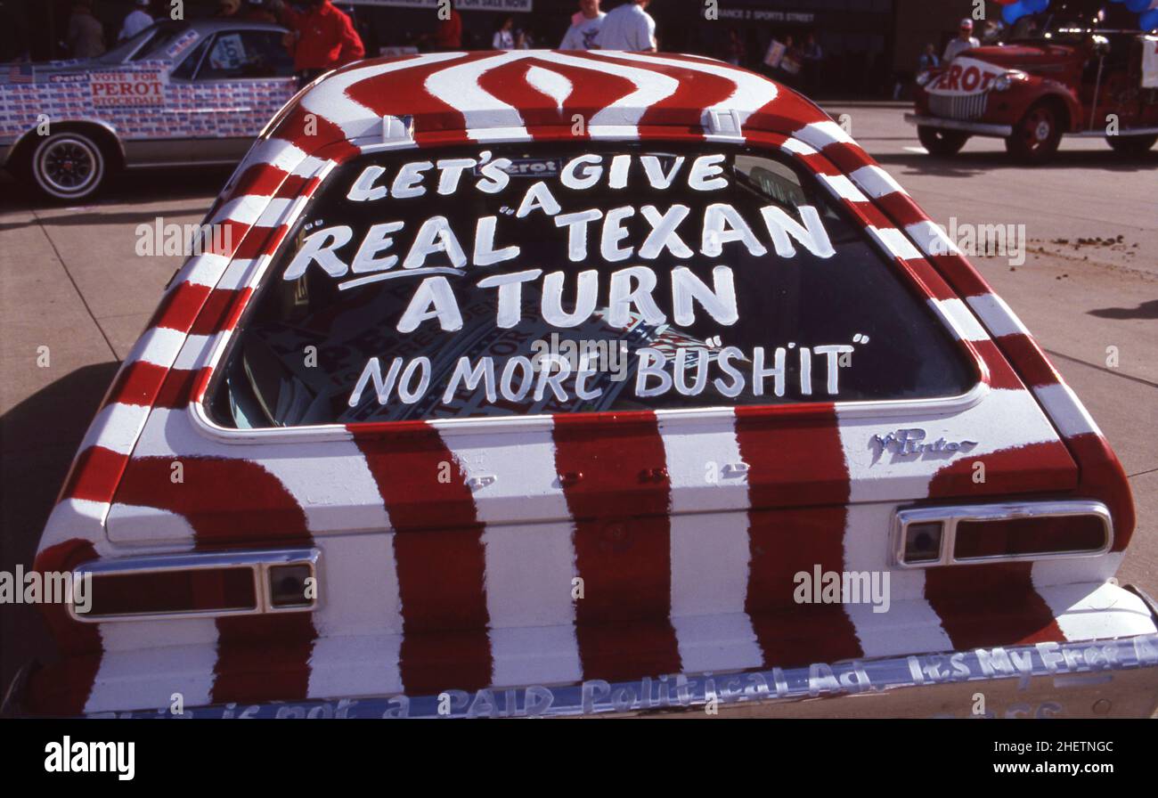 Dallas Texas USA, 1992: Vettura decorata ad una parata per il candidato presidenziale di terze parti Ross Perot. ©Bob Daemmrich Foto Stock