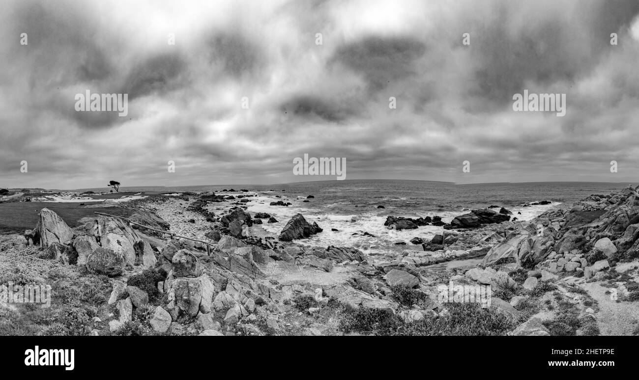 Paesaggio di spiaggia panoramica con rocce a Pebble Beach, California, 17 miglia di auto Foto Stock