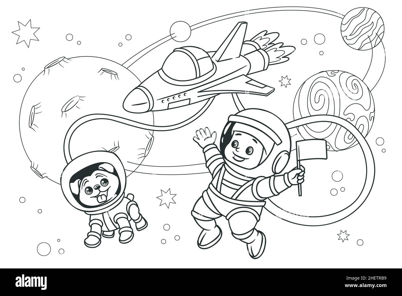 Libro da colorare, astronauta Kid con un astronauta cane vola nello spazio contro lo sfondo di stelle e pianeti. Illustrazione vettoriale, linea bianca e nera Illustrazione Vettoriale