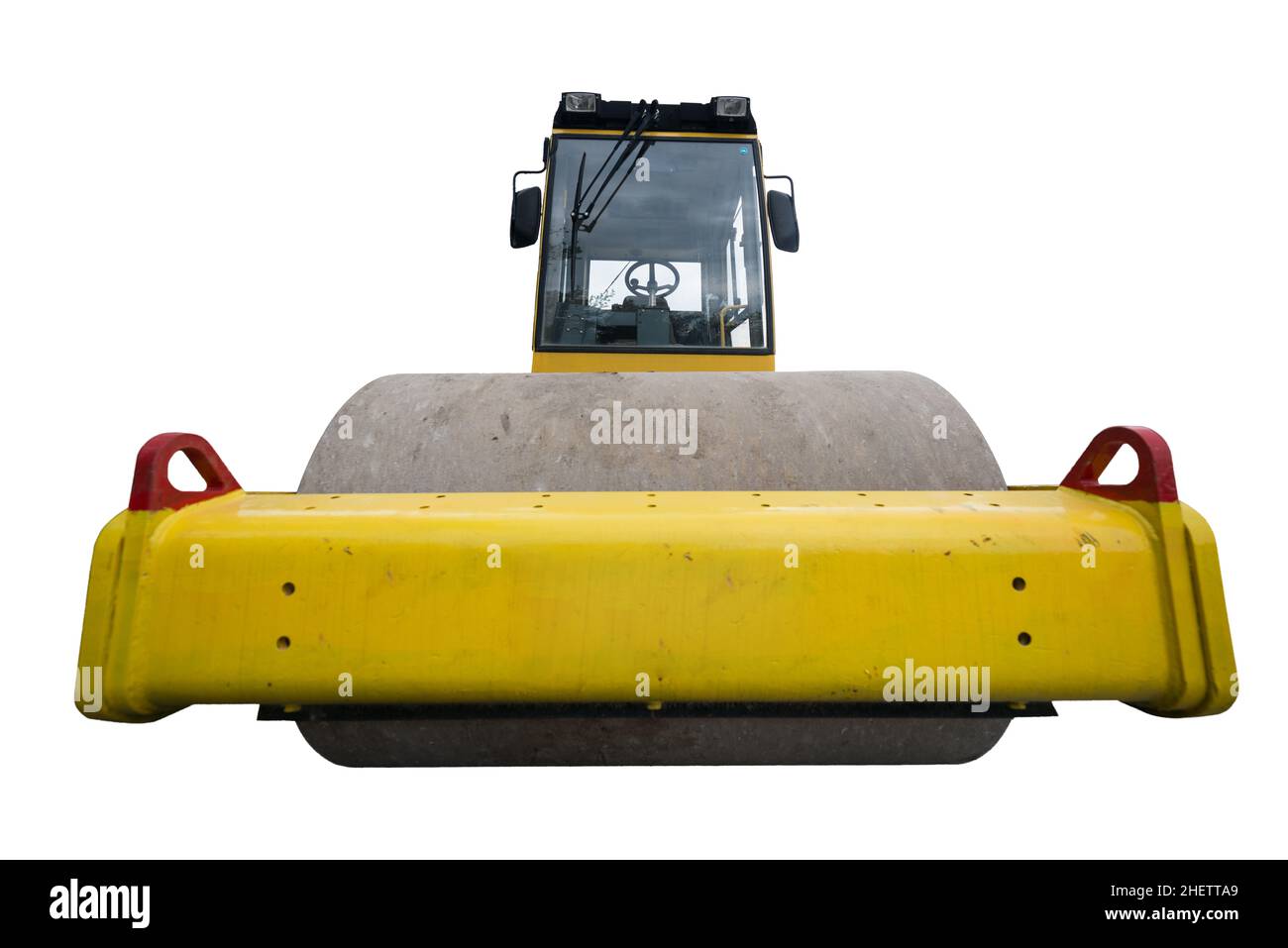 vista posteriore di un enorme compattatore giallo isolato Foto Stock
