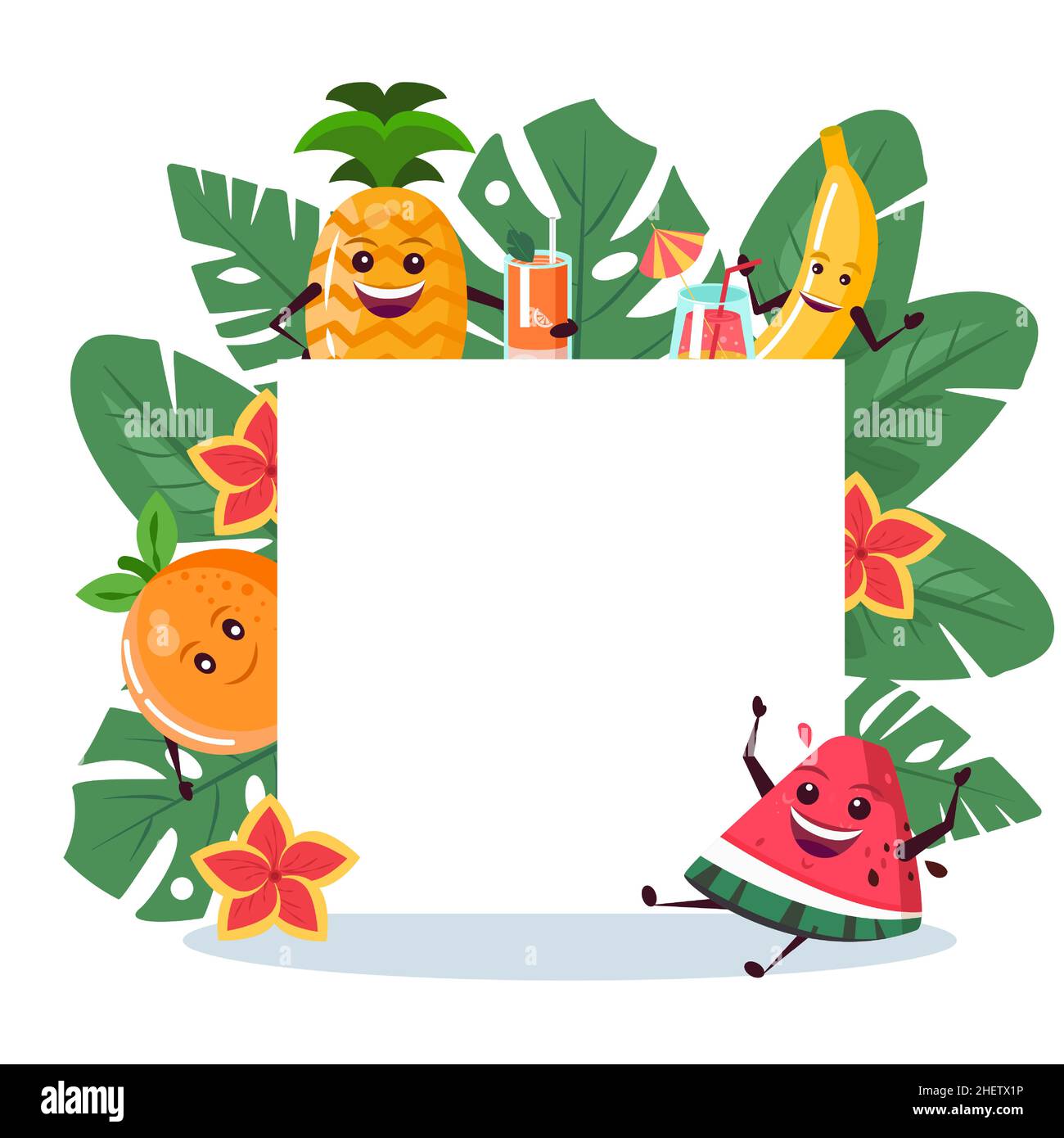 Cornice divertente con foglie tropicali, frutta e fiori. Background per inviti, promozioni, vendite ed eventi. Illustrazione vettoriale. Illustrazione Vettoriale