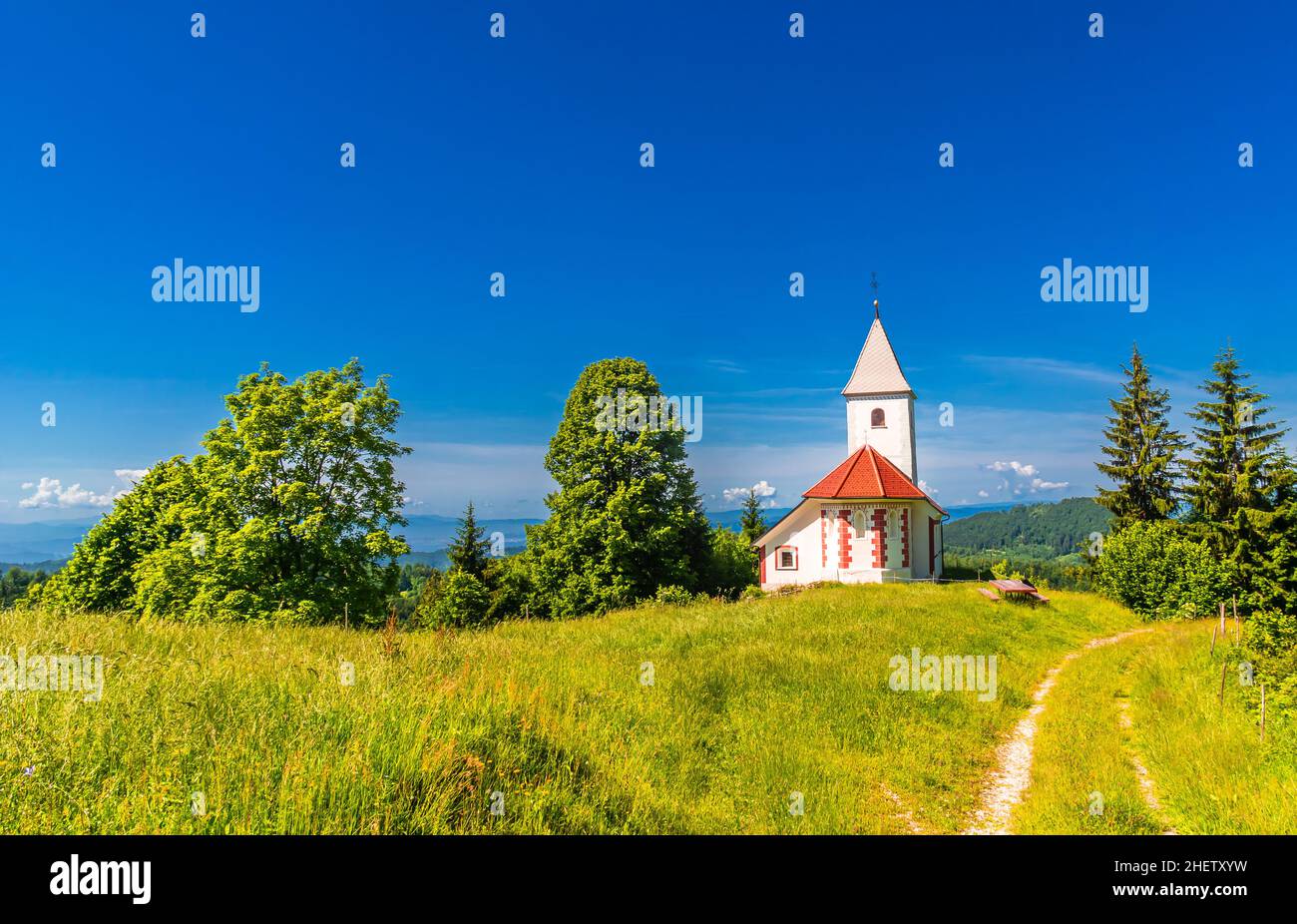 Piccola chiesa bianca nella campagna slovena tra il verde lussureggiante paesaggio estivo e il cielo blu Foto Stock