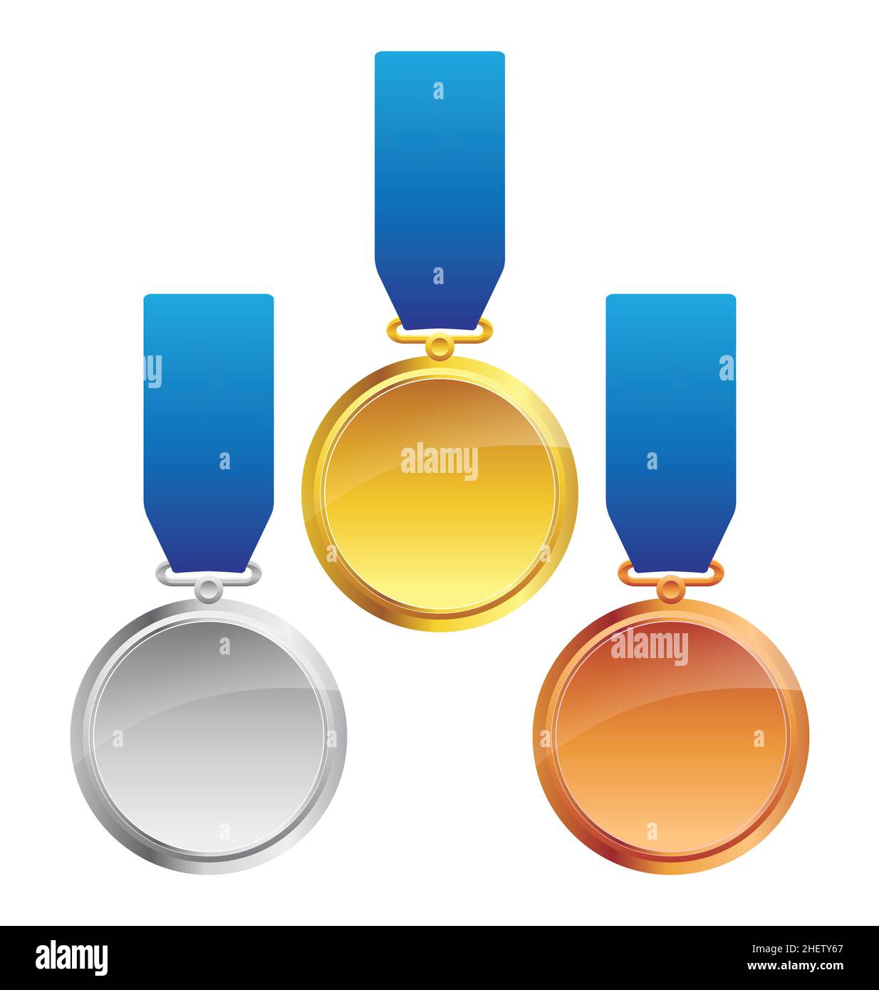 medaglie olimpiche classiche di sport oro argento e bronzo con nastri blu vettore set di 3 isolati su sfondo bianco Illustrazione Vettoriale