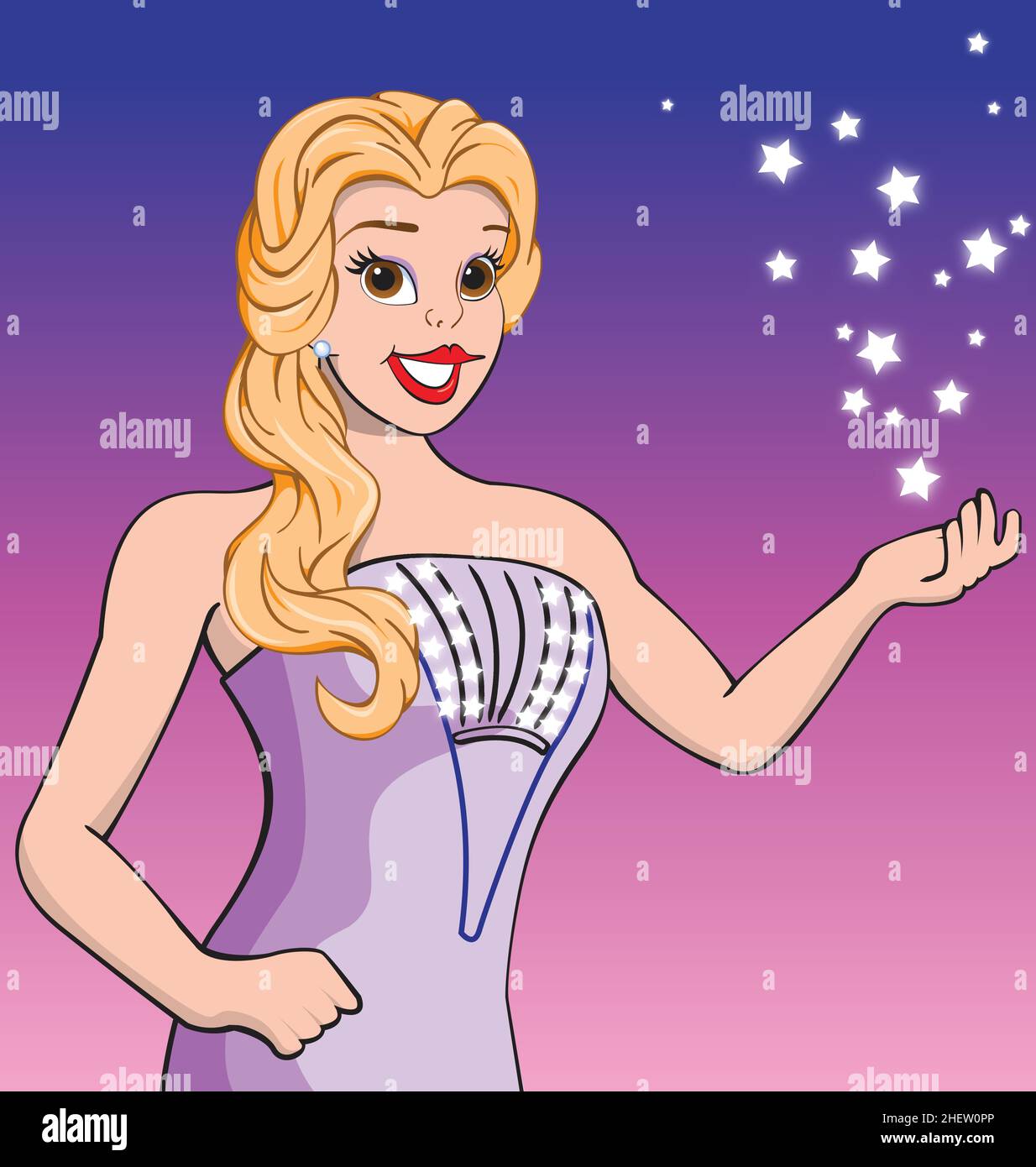 bello sorridente felice cartone animato principessa carattere con lungo biondo capelli vettore isolato su sfondo rosa viola Illustrazione Vettoriale
