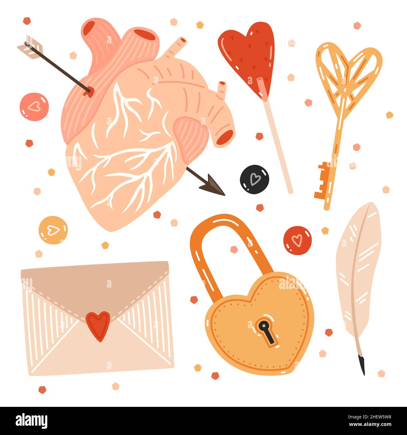 San Valentino. Chiave, serratura a forma di cuore, caramelle, quill, busta e cuore umano trafitto con freccia Illustrazione Vettoriale