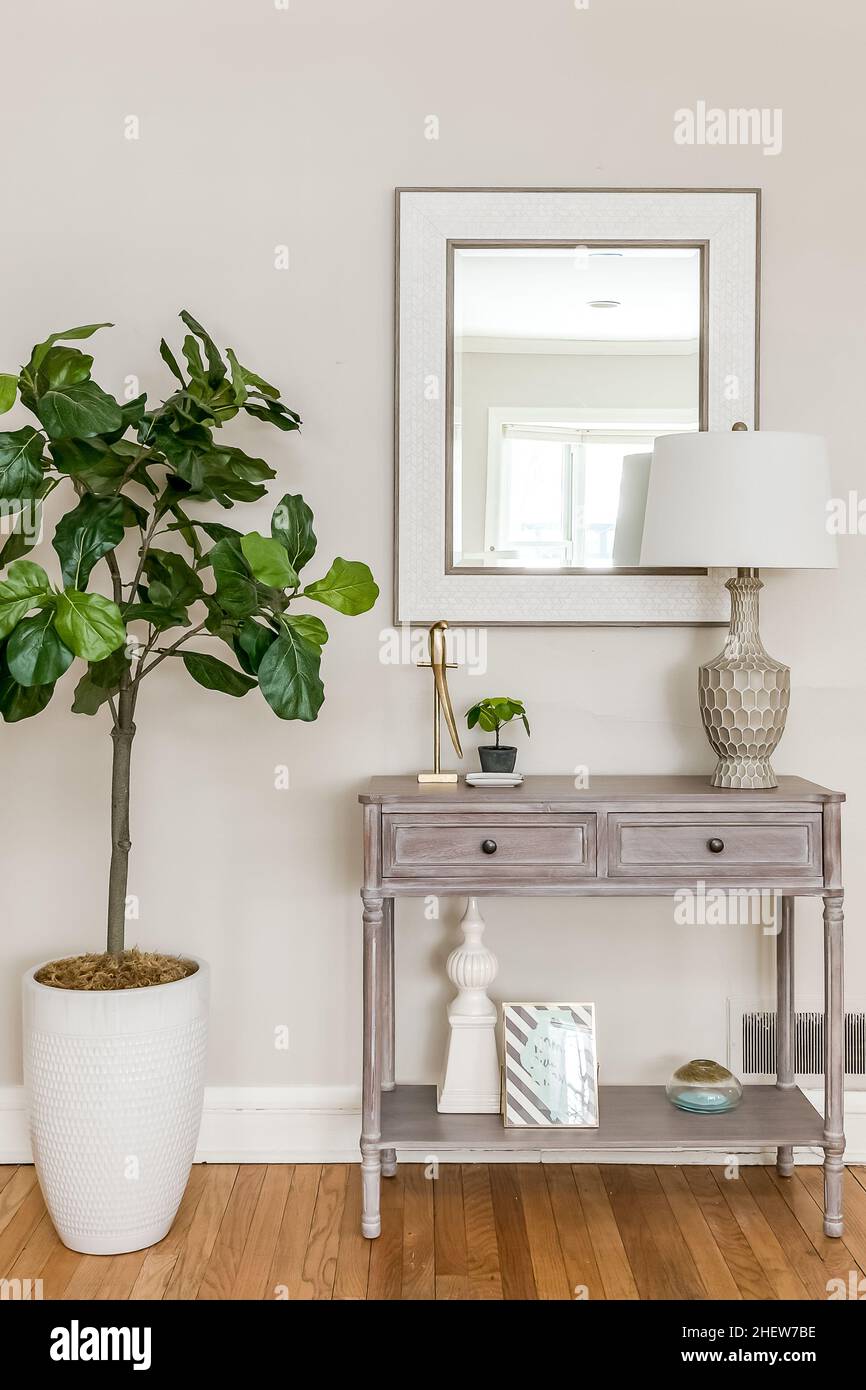 Tavolo d'ingresso Vintage Cottage Core con specchio decorativo e grande albero artificiale Foto Stock