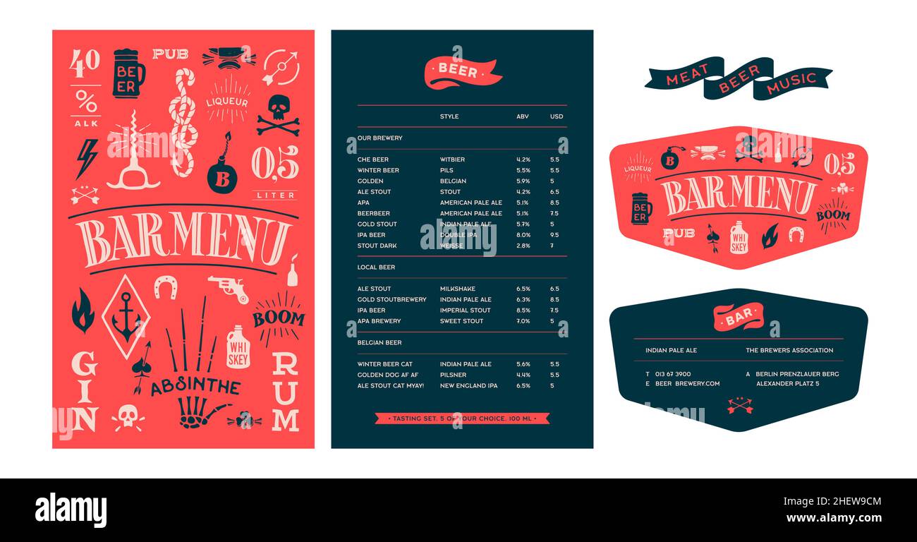 Set di identità del marchio per Beer Bar, Pub. Menu modello vintage della vecchia scuola con copertina e modello di elenco di testo, biglietto da visita. Menu elemento grafico vintage, scheda per bar, pub. Illustrazione vettoriale Illustrazione Vettoriale