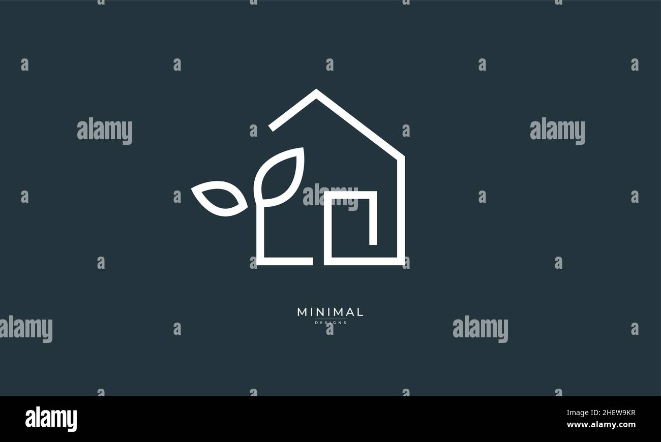 Un logo di icona di arte di linea di una casa / casa con una foglia Illustrazione Vettoriale