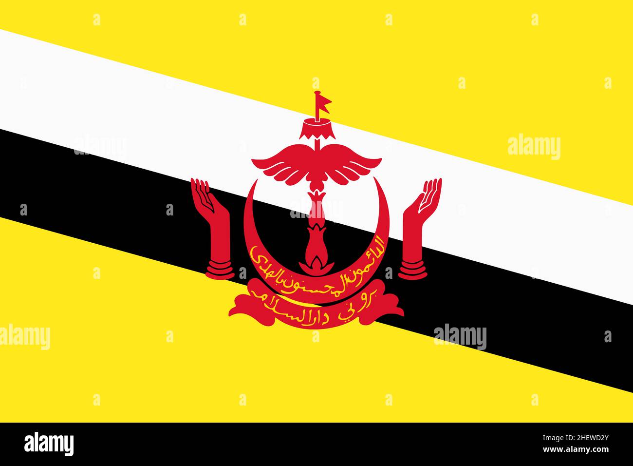Brunei bandiera sfondo illustrazione rosso giallo giallo verde stemma Foto Stock