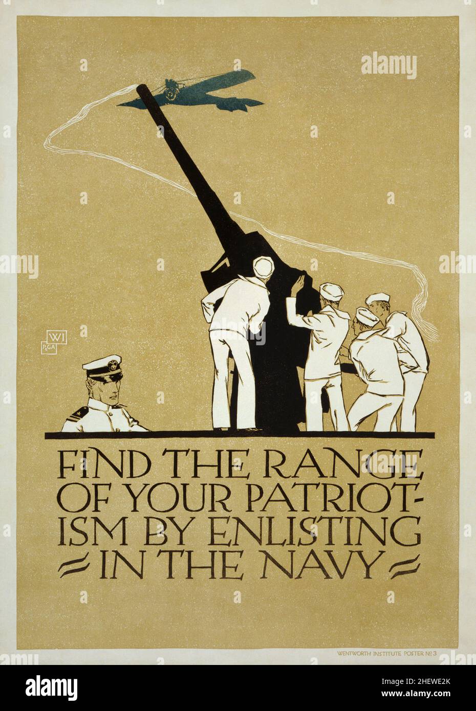 Un poster di reclutamento della prima guerra mondiale per la Marina degli Stati Uniti che mostra i cannoni che puntano a un velivolo con la didascalia "trova la gamma del tuo patriottismo iscendo nella Marina" Foto Stock