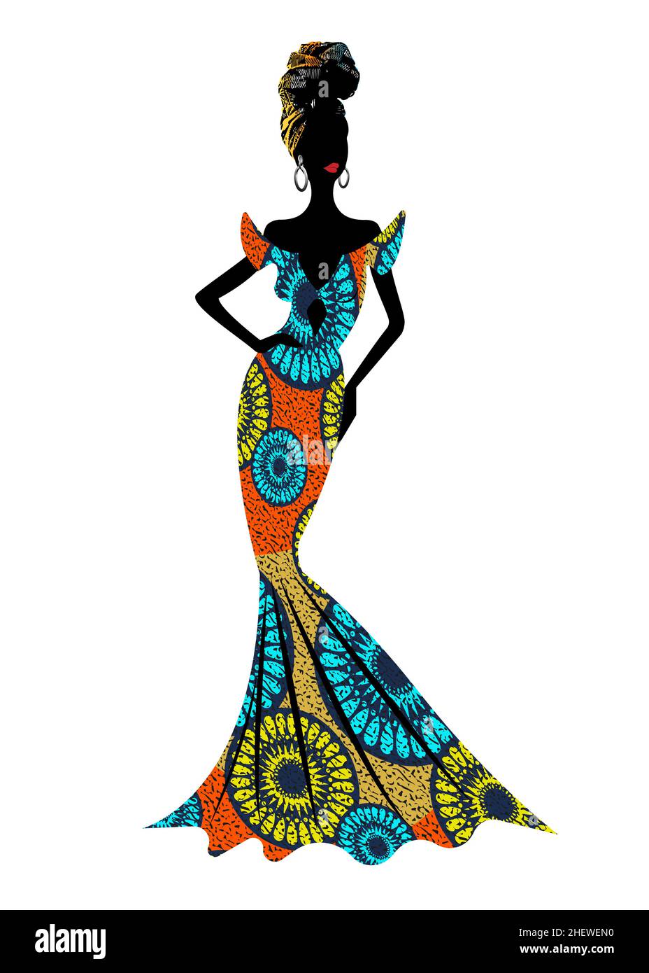 Bella donna africana in abbigliamento afro tipico e headdress temban etnico, ankara cera stampa tessile per la cerimonia di nozze tradizionale. Isolato Illustrazione Vettoriale