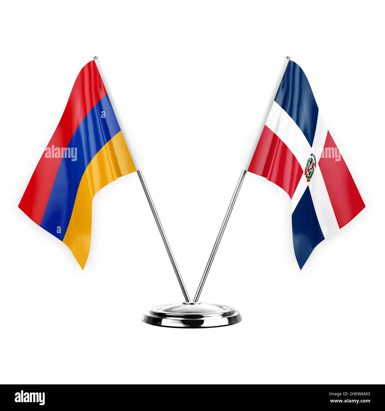 Due bandiere da tavolo isolate su sfondo bianco 3D illustrazione, armenia e repubblica dominicana Foto Stock