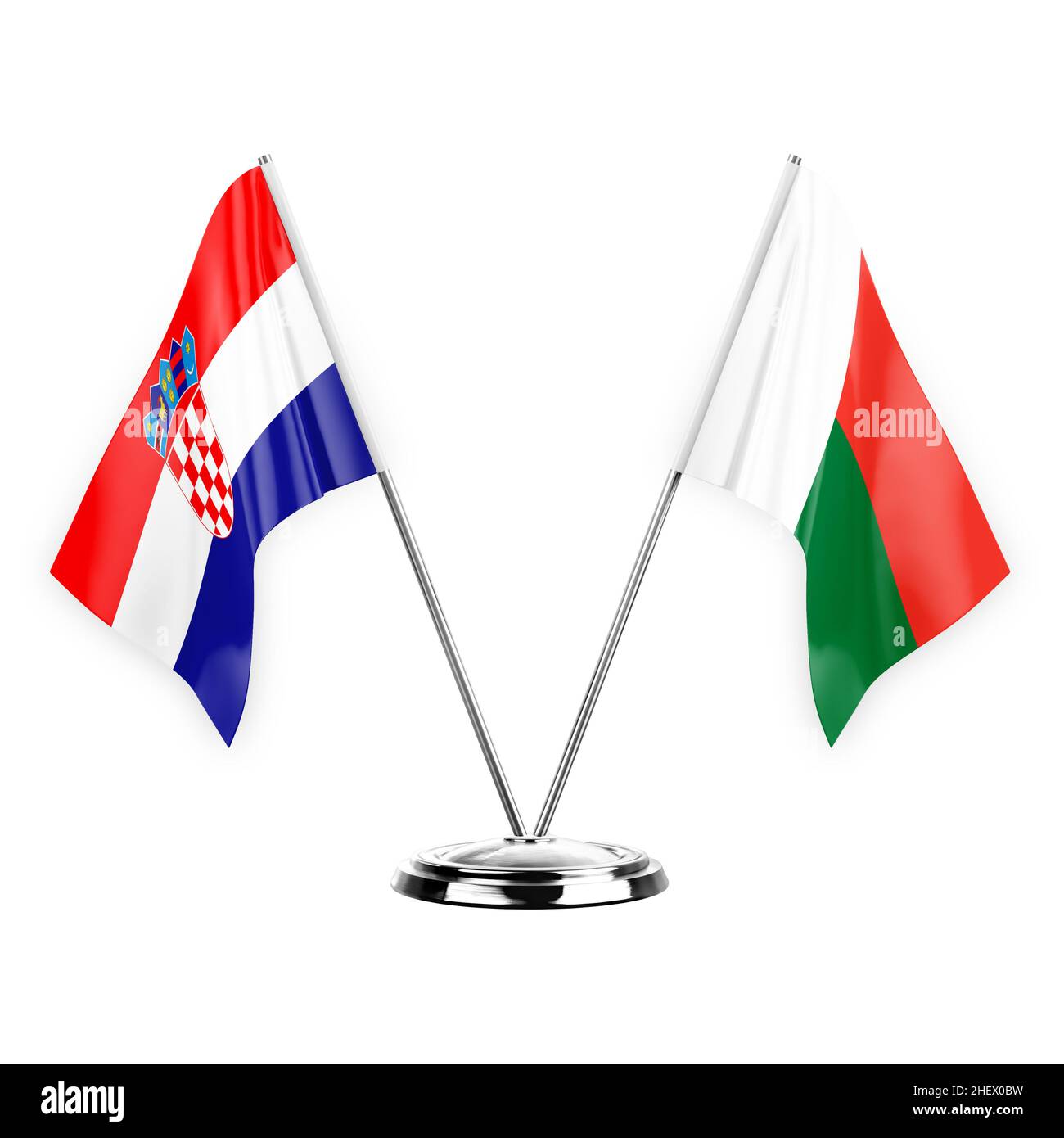 Due bandiere di tabella isolate su sfondo bianco 3D illustrazione, croazia e madagascar Foto Stock