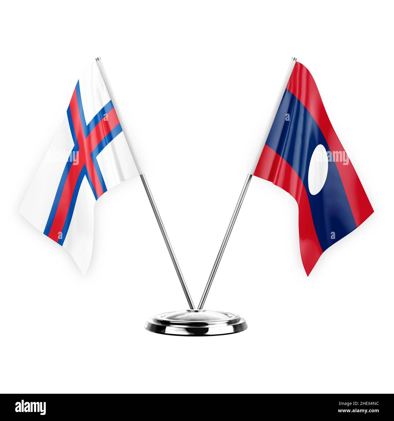 Due bandiere di tabella isolate su sfondo bianco 3D illustrazione, isole faroe e laos Foto Stock
