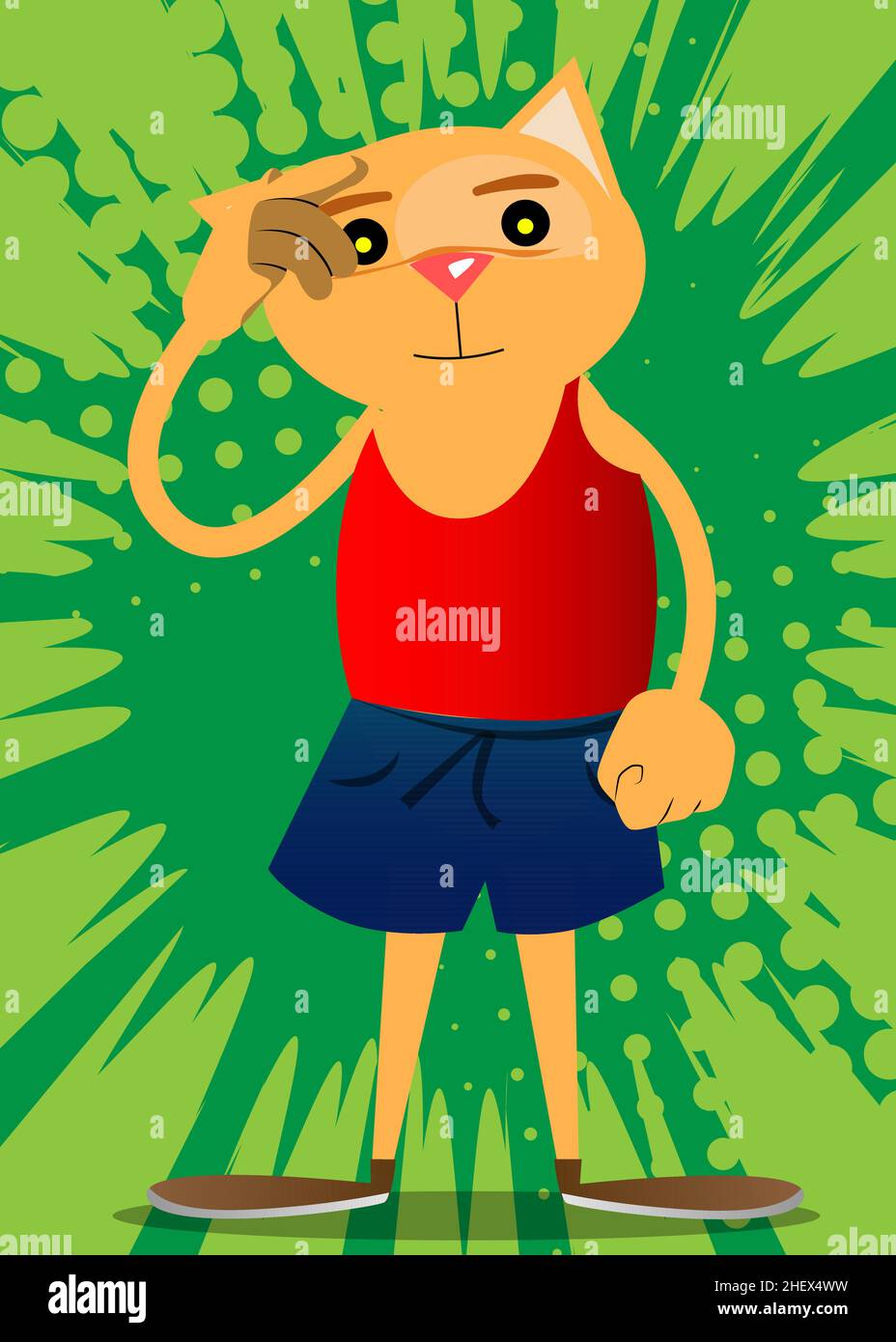 Divertente cartone animato gatto confuso, graffiando la testa. Illustrazione vettoriale. Carino arancio, gattino giovane dai capelli gialli. Illustrazione Vettoriale