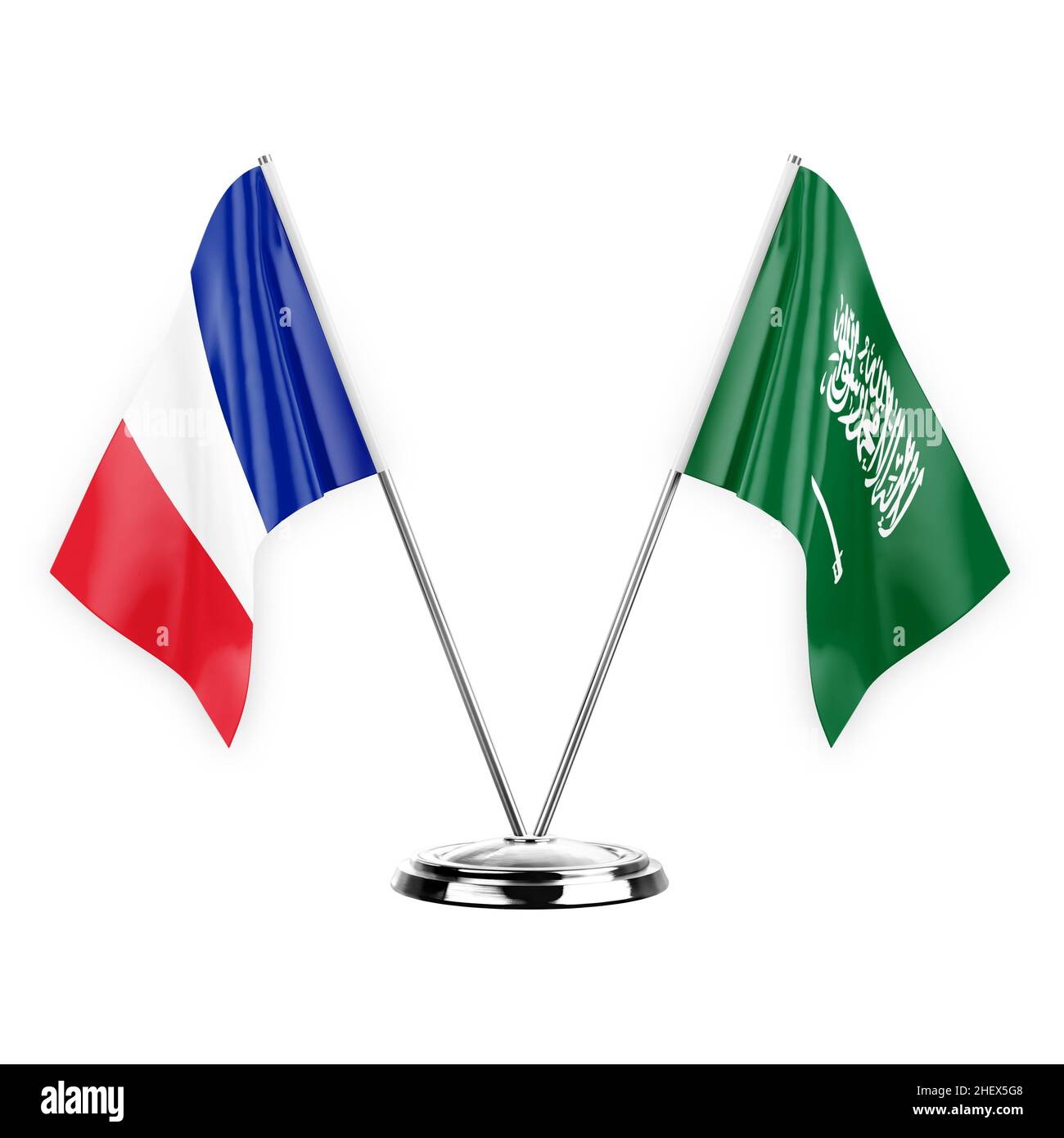 Due bandiere di tabella isolate su sfondo bianco 3D illustrazione, francia e arabia saudita Foto Stock
