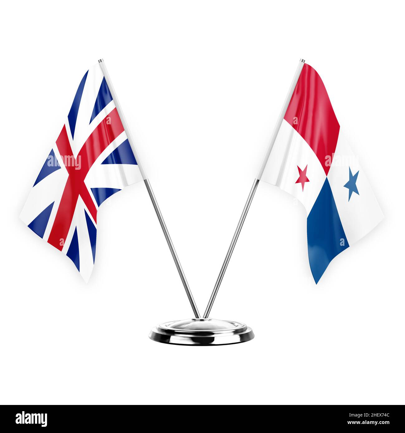 Due bandiere da tavolo isolate su sfondo bianco 3D illustrazione, Gran bretagna e panama Foto Stock