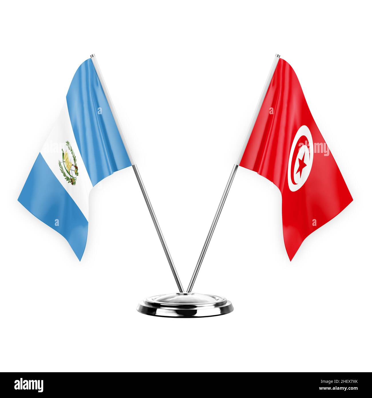 Due bandiere di tabella isolate su sfondo bianco 3D illustrazione, guatemala e tunisia Foto Stock