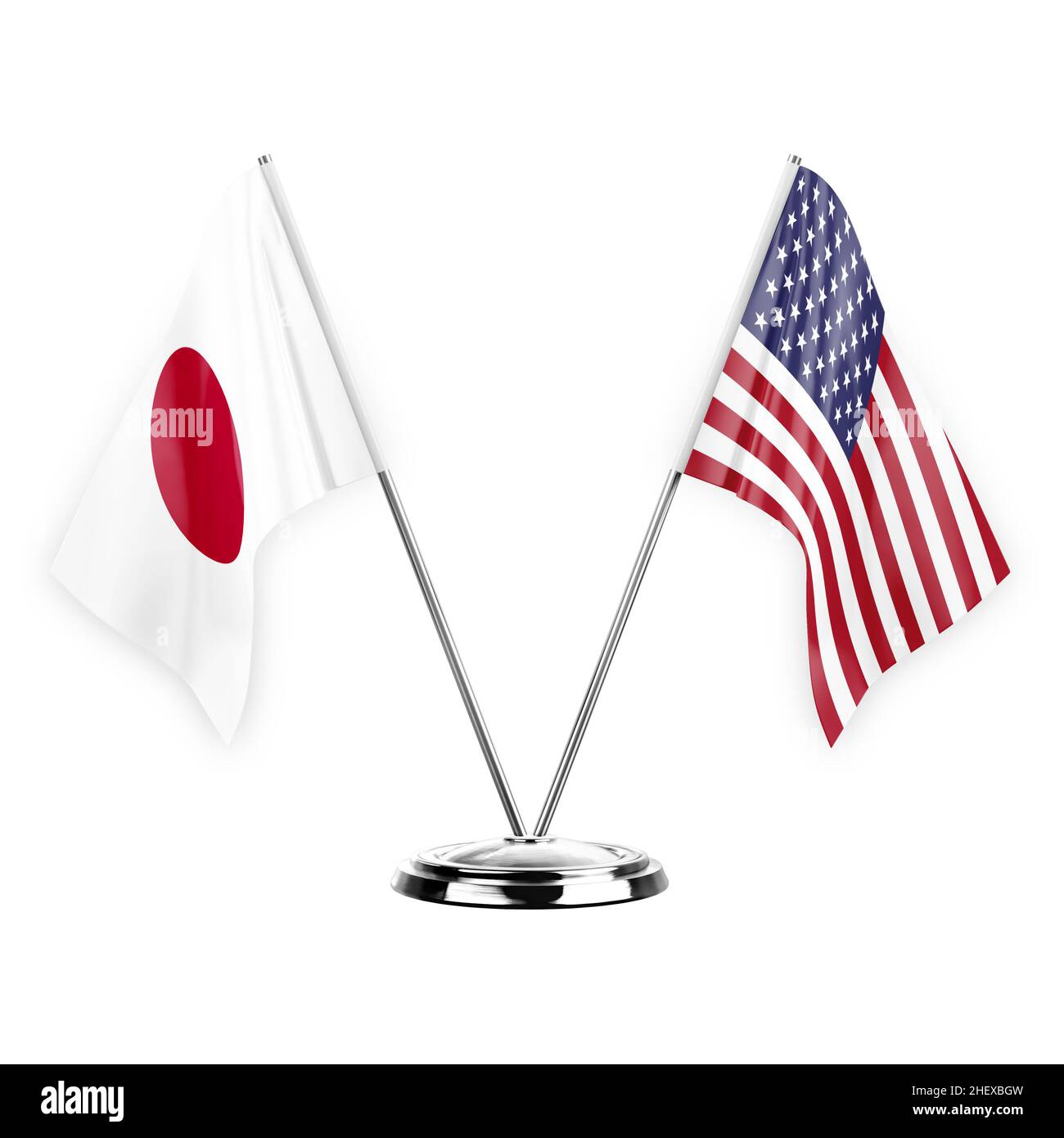 Due bandiere di tabella isolate su sfondo bianco 3D illustrazione, giappone e stati uniti Foto Stock