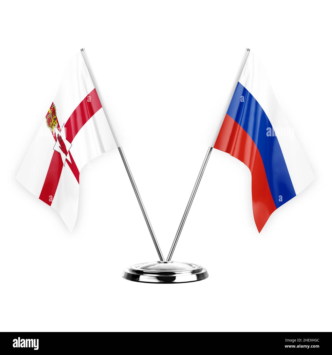 Due bandiere di tabella isolate su sfondo bianco 3D illustrazione, irlanda del Nord e russia Foto Stock