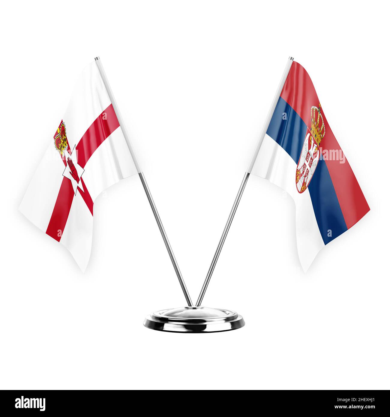 Due bandiere di tabella isolate su sfondo bianco 3D illustrazione, irlanda del Nord e serbia Foto Stock