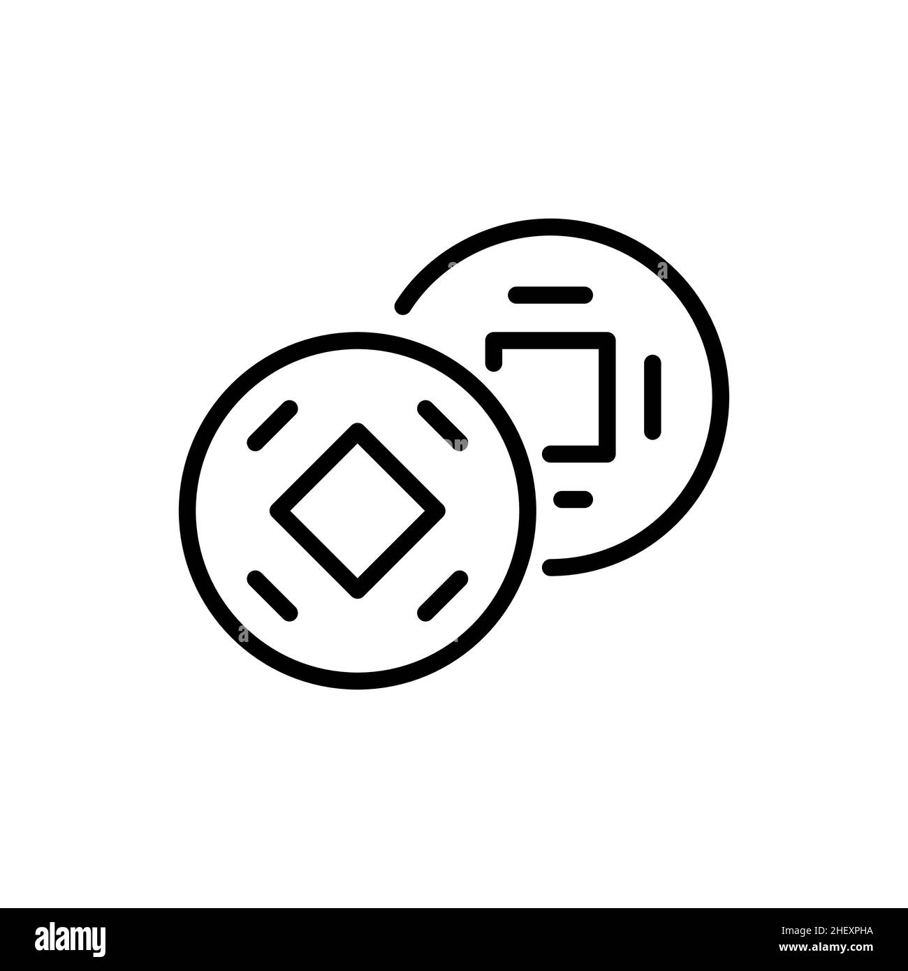 Antiche monete cinesi con fori quadrati. Simbolo di ricchezza e prosperità. Icona tratto modificabile pixel Perfect Illustrazione Vettoriale