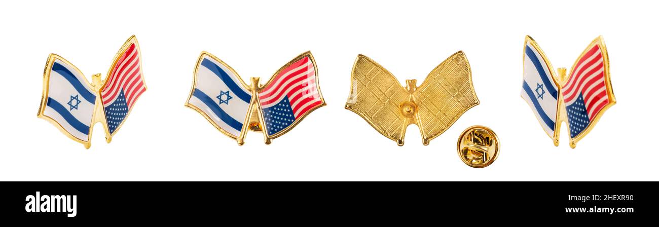 Set di badge con bandiera americana e israeliana su sfondo bianco Foto Stock