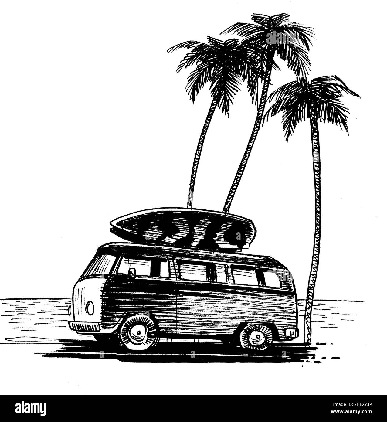 Vintage van con tavole da surf sulla spiaggia. Disegno in bianco e nero con inchiostro Foto Stock