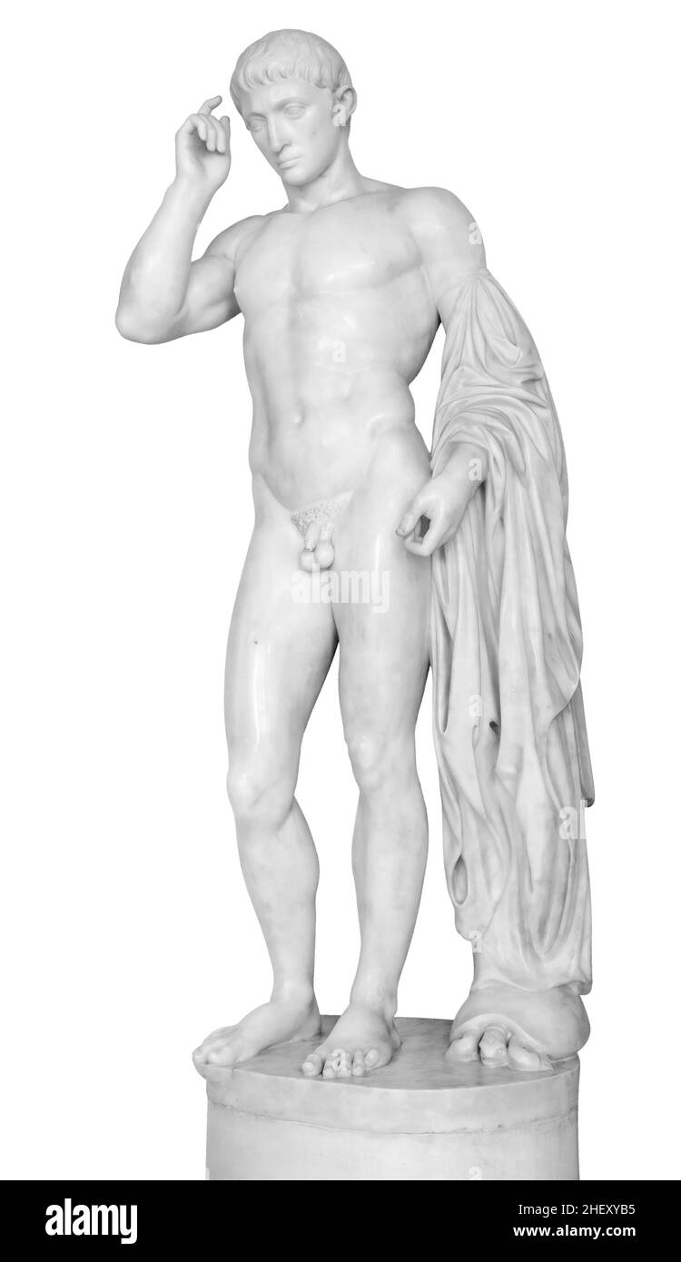 Antica scultura in marmo bianco a tutta lunghezza di giovane nudo. Antica statua classica del giovane isolata su bianco. Figura di pietra dell'adolescente Foto Stock