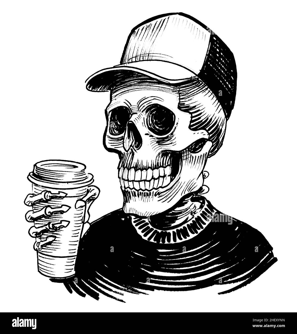 Scheletro umano che beve una tazza di caffè. Disegno in bianco e nero con inchiostro Foto Stock