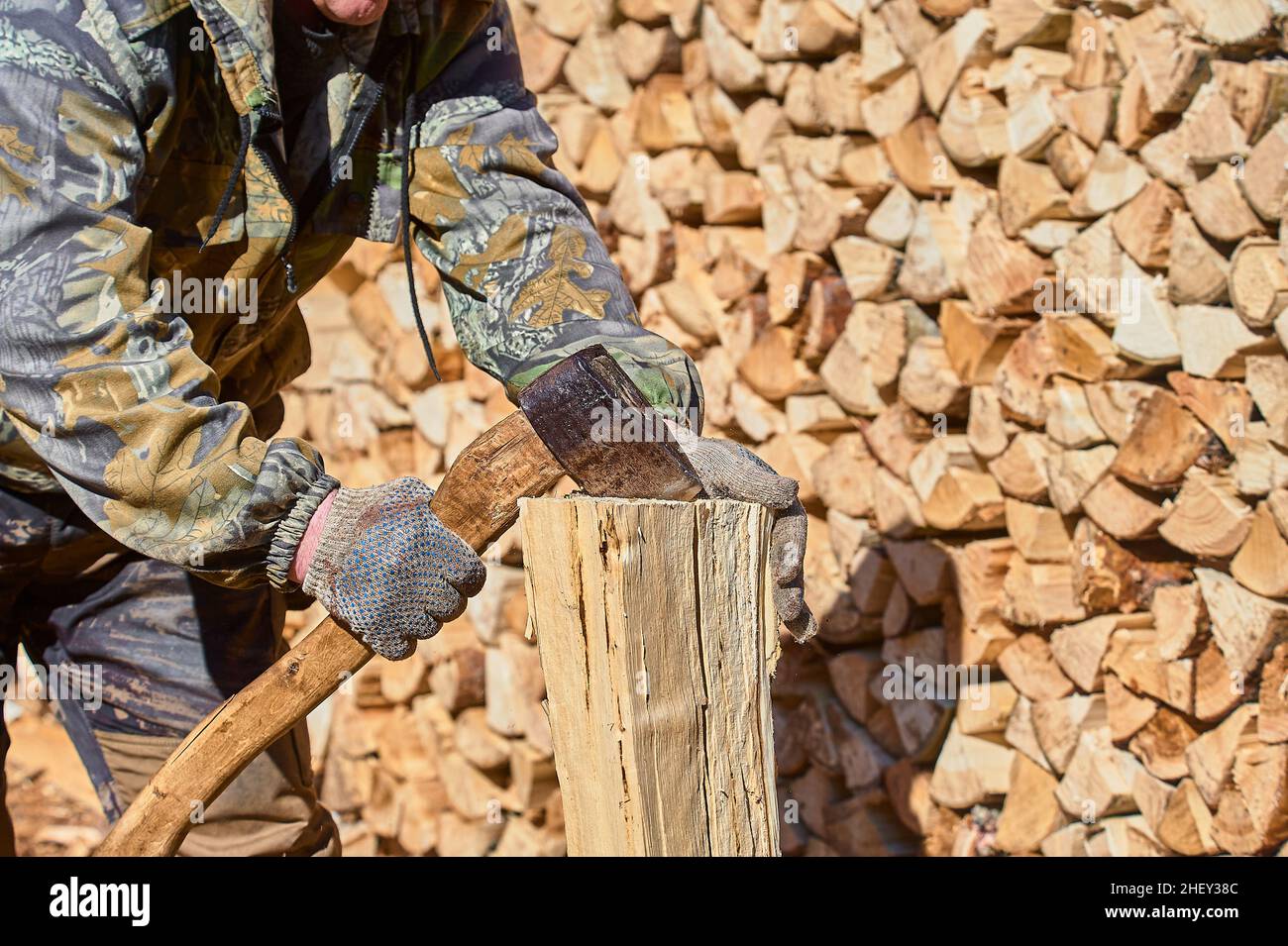 tritare la legna con un tritatutto in primo piano in una giornata di sole Foto Stock