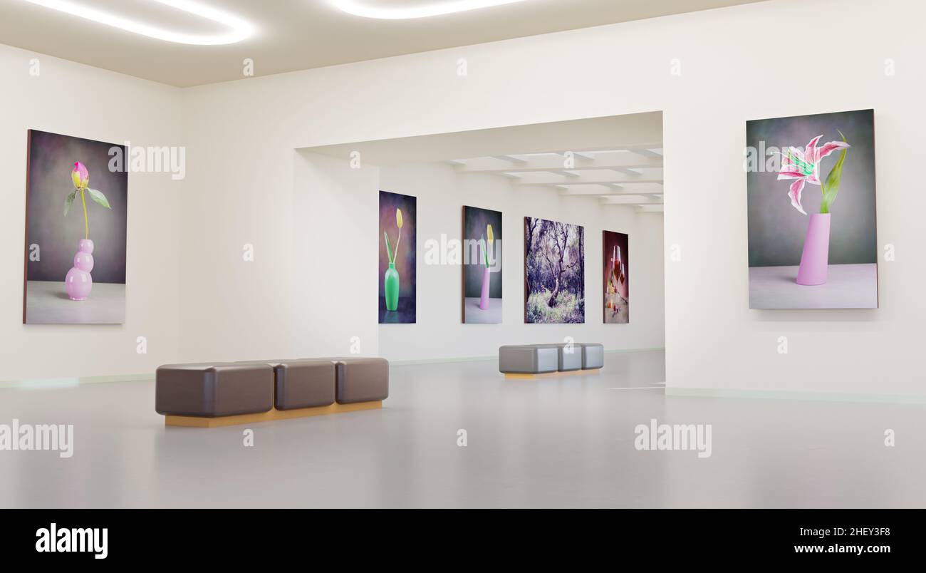 Una galleria d'arte con tela e plastica, illustrazione 3D Foto Stock