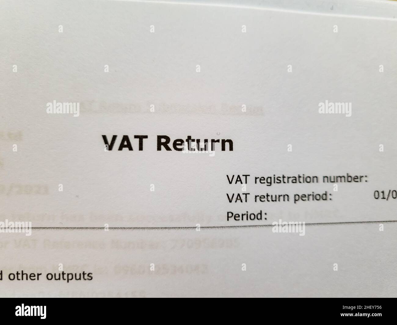 Primo piano di un documento di dichiarazione dell'imposta sul valore aggiunto del Regno Unito. Foto Stock