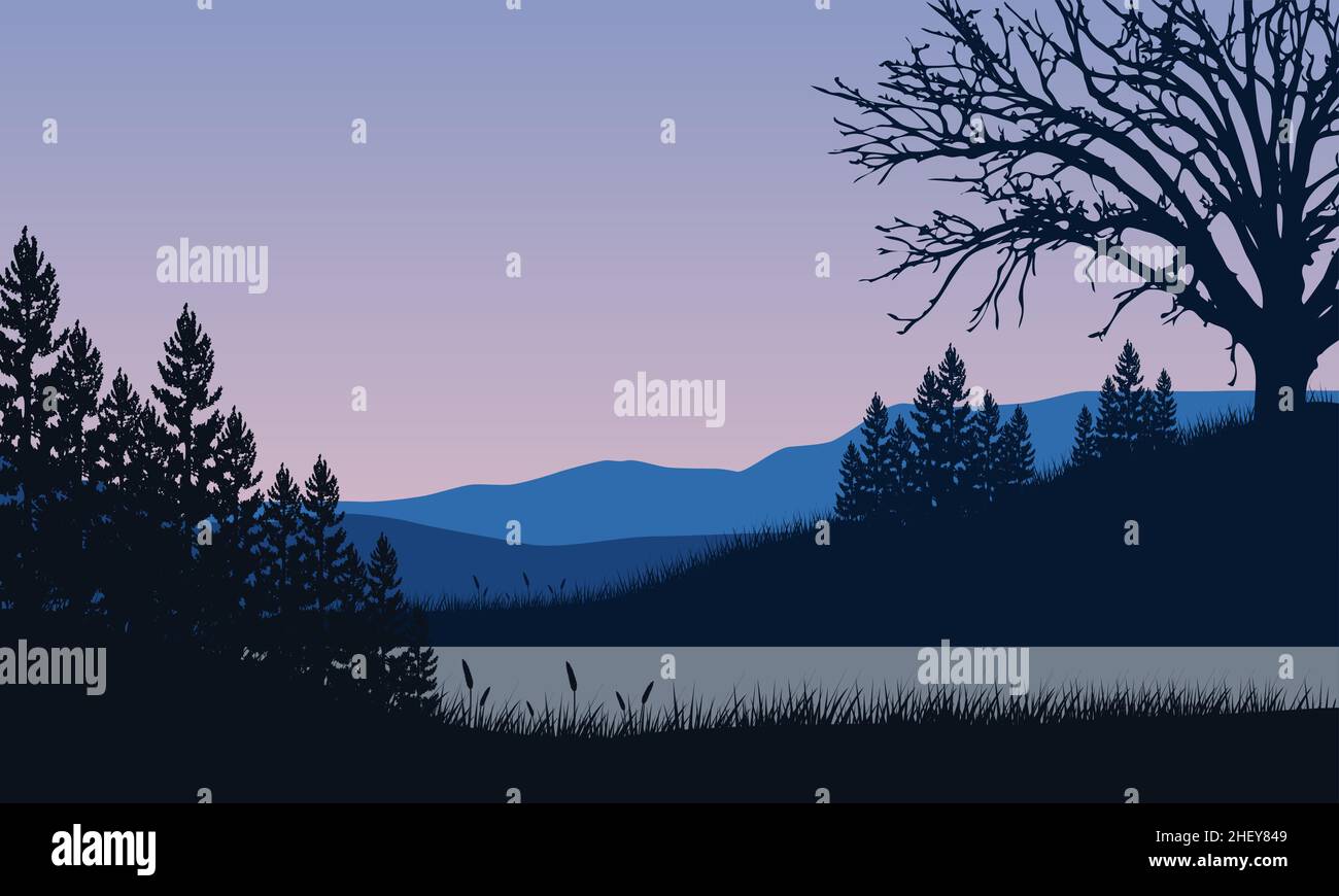 Vista realistica della montagna al tramonto dal villaggio con alberi intorno.Vector illustrazione di una città Illustrazione Vettoriale